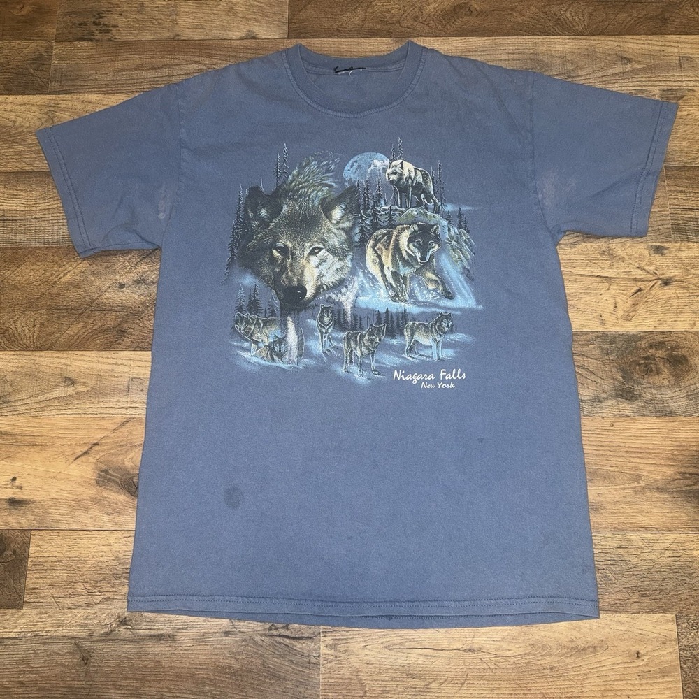 Vintage 90's Niagara Falls Wolf Nature Blue Shirt No Size Tag See Measurements